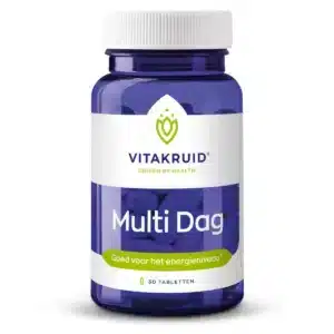 A blue bottle of Vitakruid – Multi Day (30 Tablets) with a white cap, labeled "Goed voor het energieniveau.