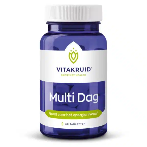 A blue bottle of Vitakruid – Multi Day (30 Tablets) with a white cap, labeled "Goed voor het energieniveau.