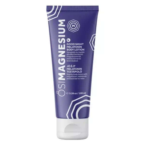 Ösimagnesium Good Night Melatonin Body Lotion (100ml), purple tube, with English and Hungarian labels.