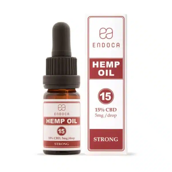 A bottle and box of Endoca - Decarb 15% CBD oil (10ml), 5mg/drop, labeled “Strong,” with red and white branding and product details.
